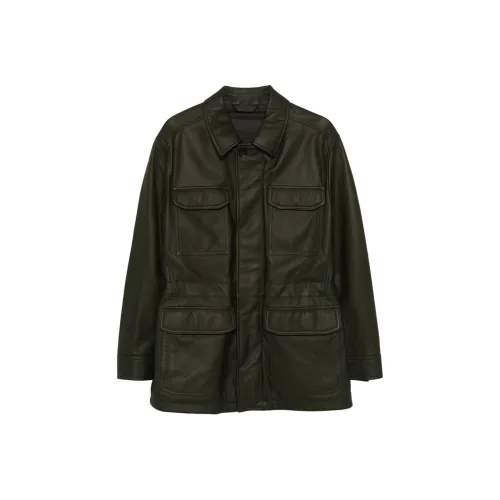 Brioni Оливково-зеленая Мужская Кожаная куртка