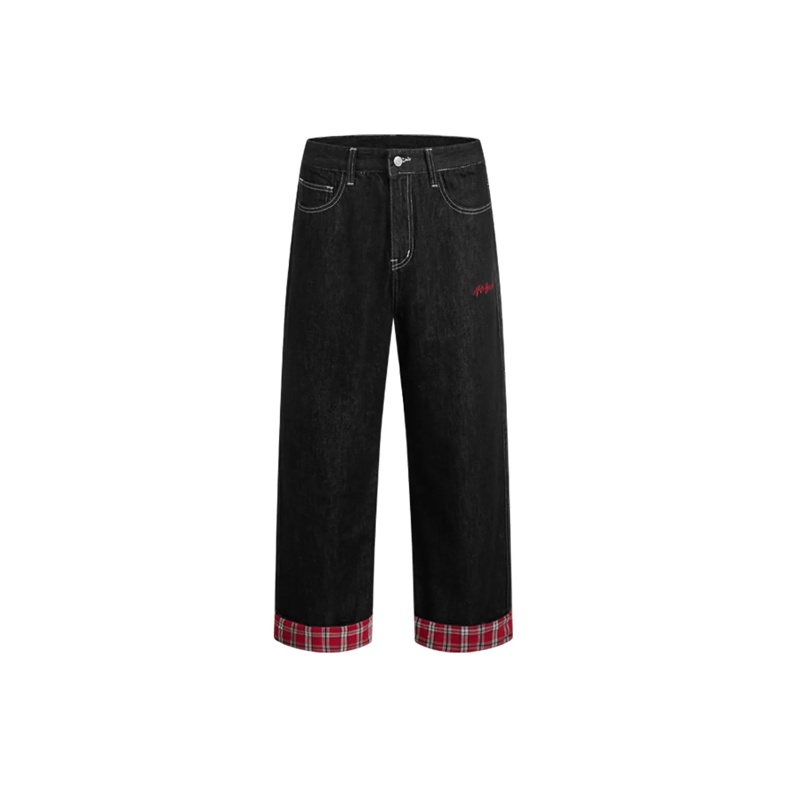 404MOB GANG Jeans Unisex Black Red Plaid