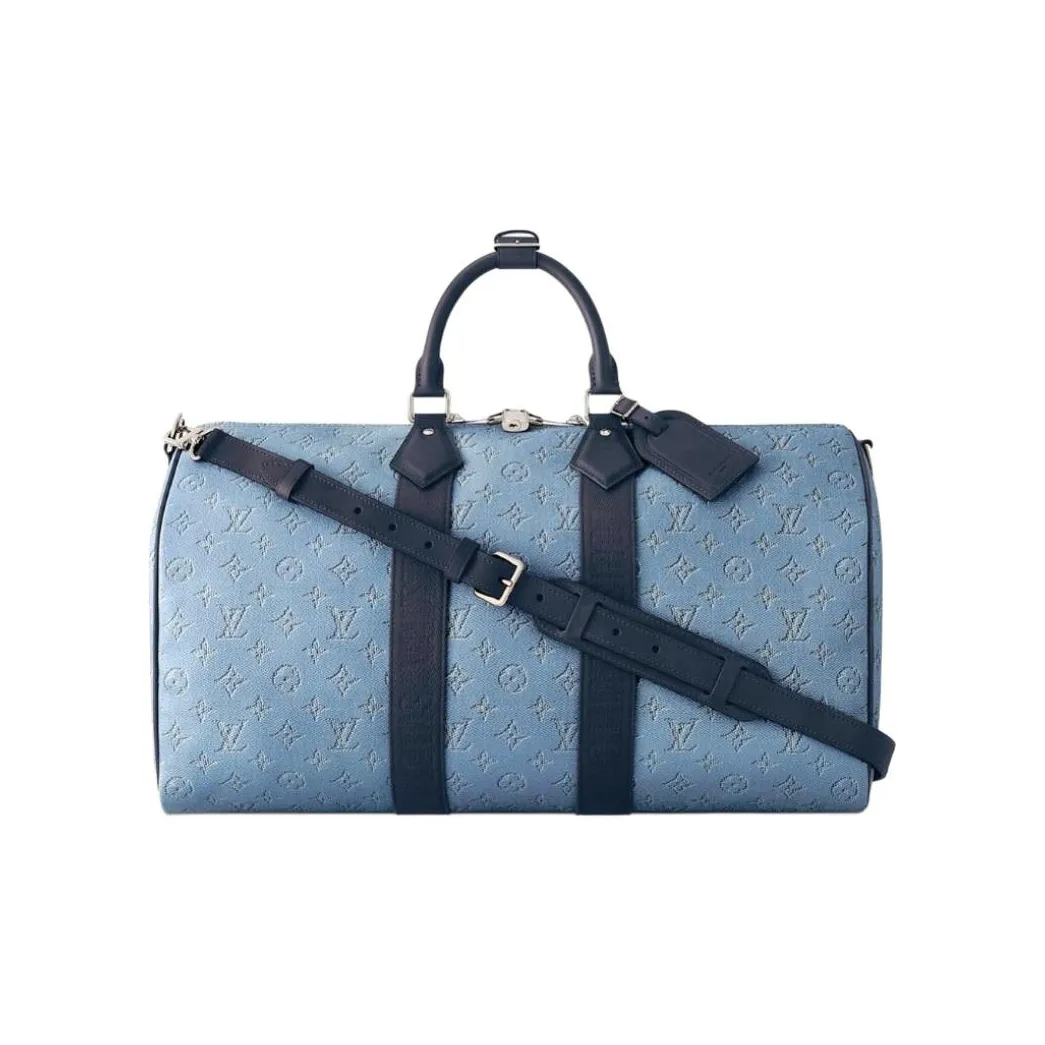 LOUIS VUITTON Keepall Denim One Shoulder Crossbody Handbag, Travel Bag Unisex Blue Denim Blue