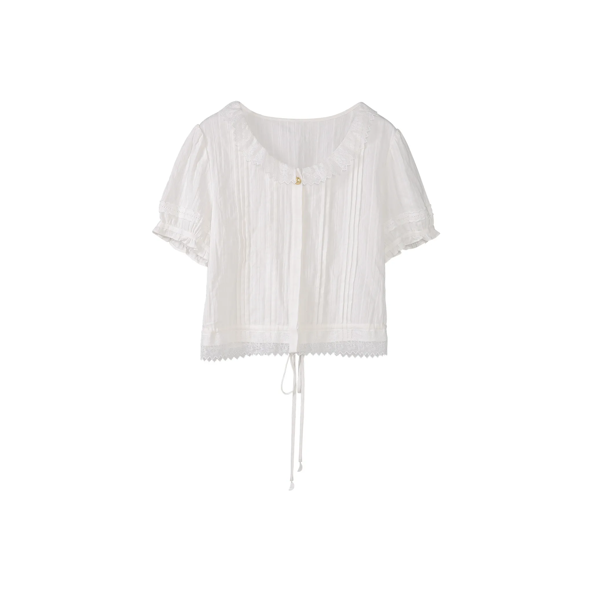 Fstudio Корейский стиль 100% хлопок Круглый вырез HIGH RISE Модный Кружевная отделка Топ Короткий рукав Т-рубашка Женская Белая