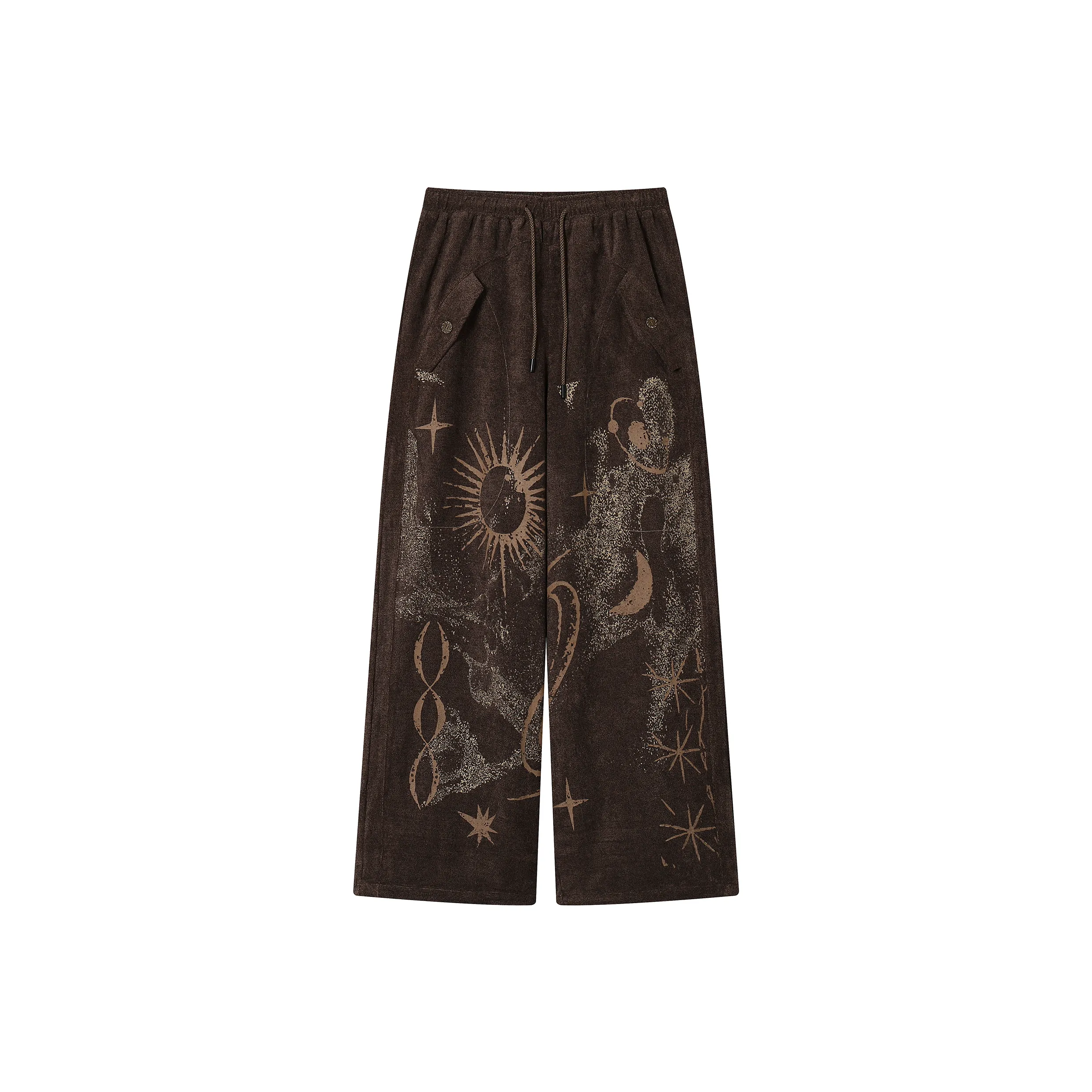 WULISHAONIAN Vintage Print Loose Fit Casual Pants For Spring And Summer Breathable Pants Unisex Hazelnut Brown