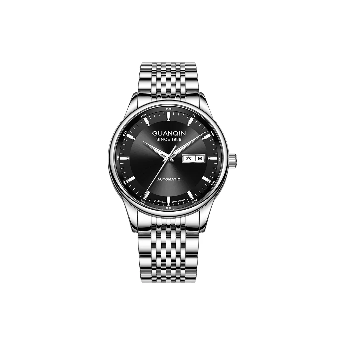 GUANQIN Механический механизм ремешок из нержавеющей стали черный циферблат мужские часы