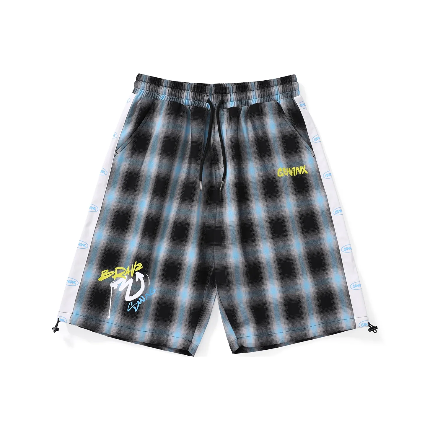 GENANX Casual Shorts Unisex Black Blue Plaid