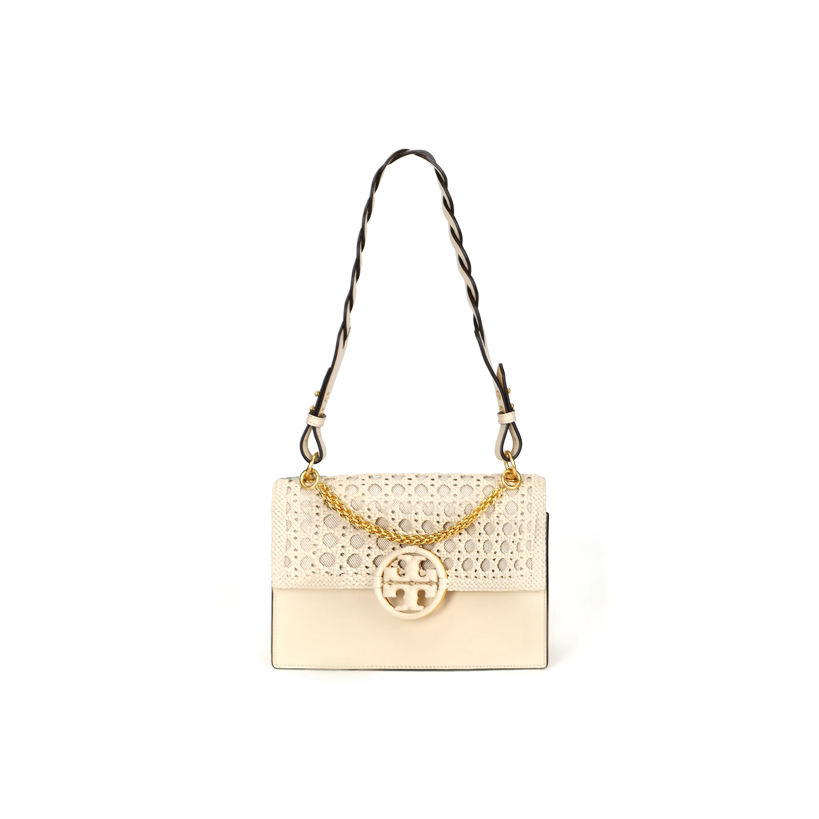 TORY BURCH Miller Leather Paneled Canvas Handbag, Shoulder Bag, Crossbody Bag Trumpets Women's Cheese White