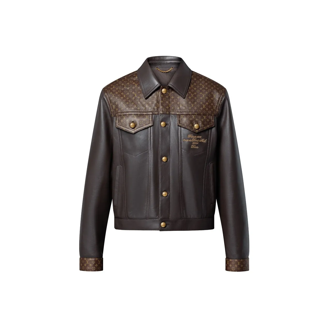 Lv Embellished Leather Trucker Jacket