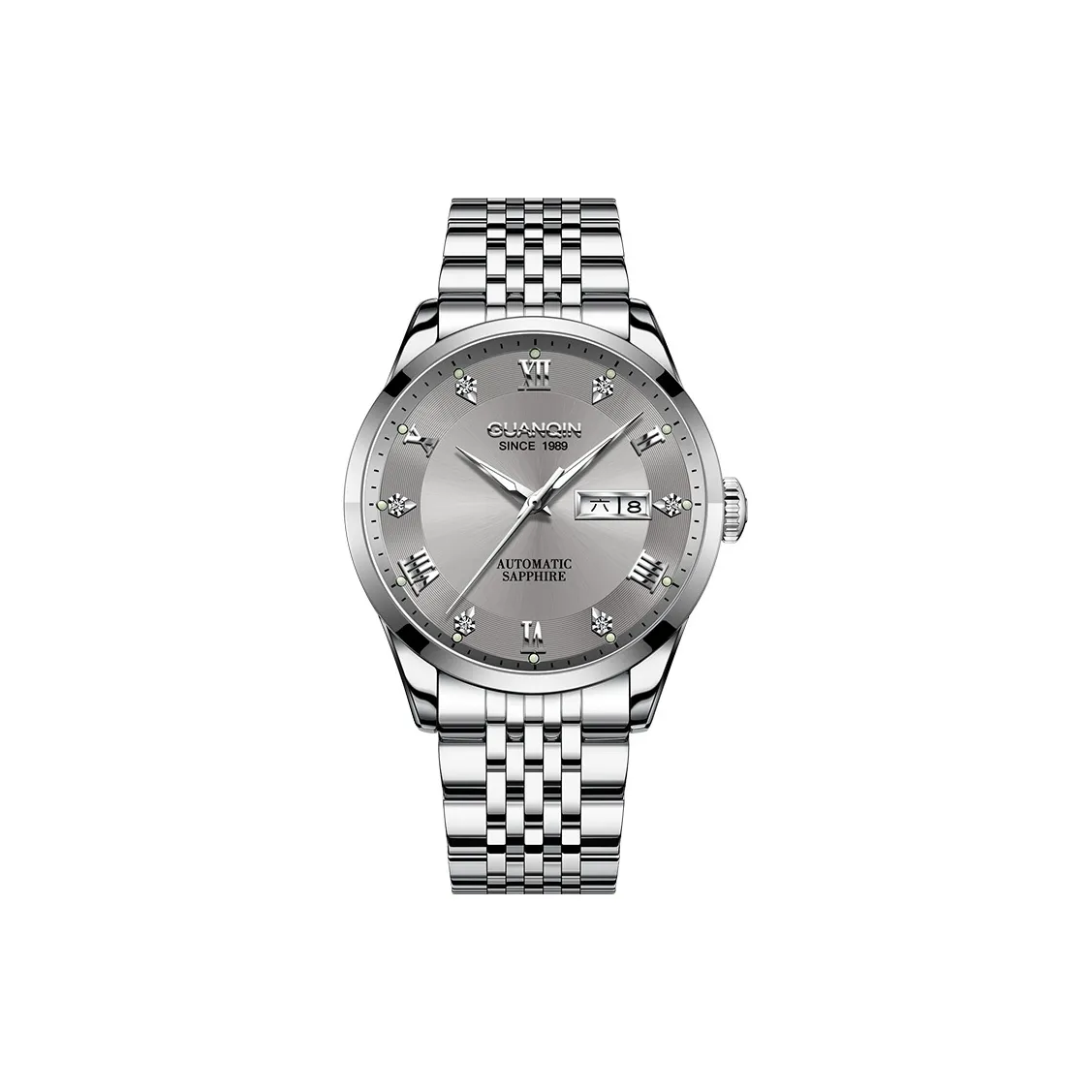 GUANQIN Автоматический Механический Механизм Нержавеющая Сталь Ремешок Часы Мужские Серый Циферблат