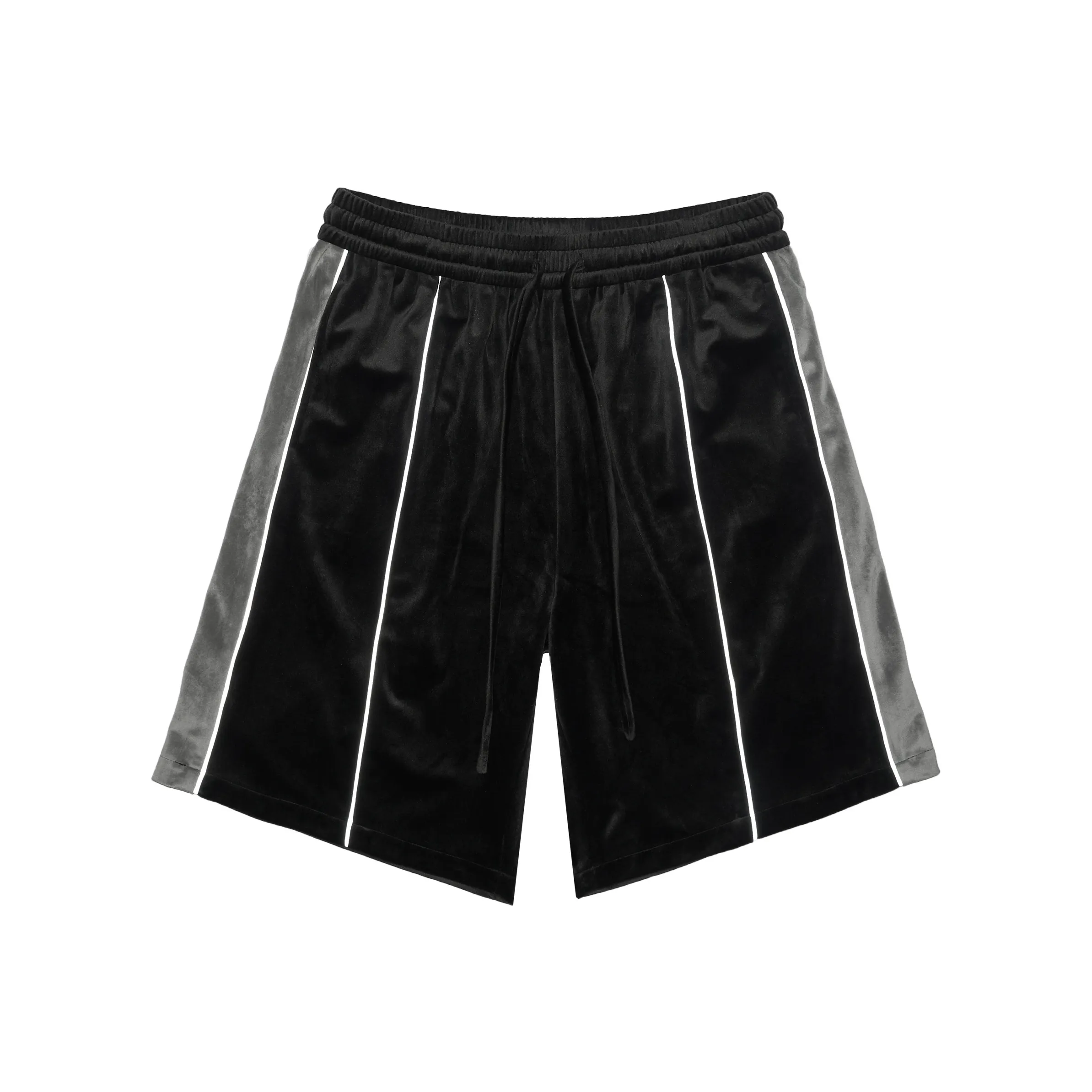 HARSH AND CRUEL 3M Reflective Stripe Velvet Patchwork Drawstring Loose Fit Casual 5-Inch Shorts Unisex