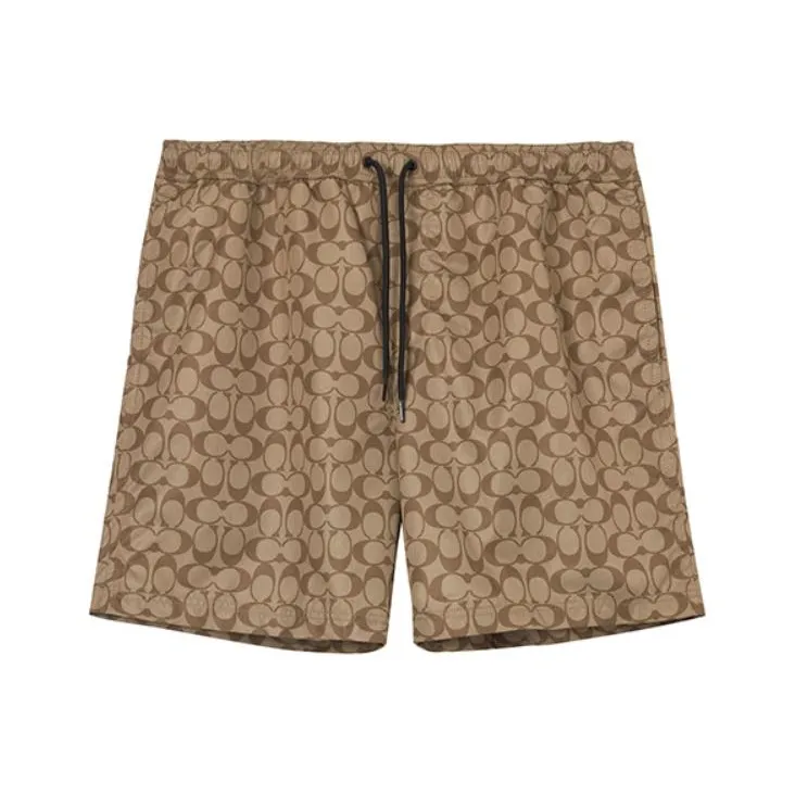 COACH SS23 Men's All Over Logo Print Drawstring Swim Trunks Khaki
