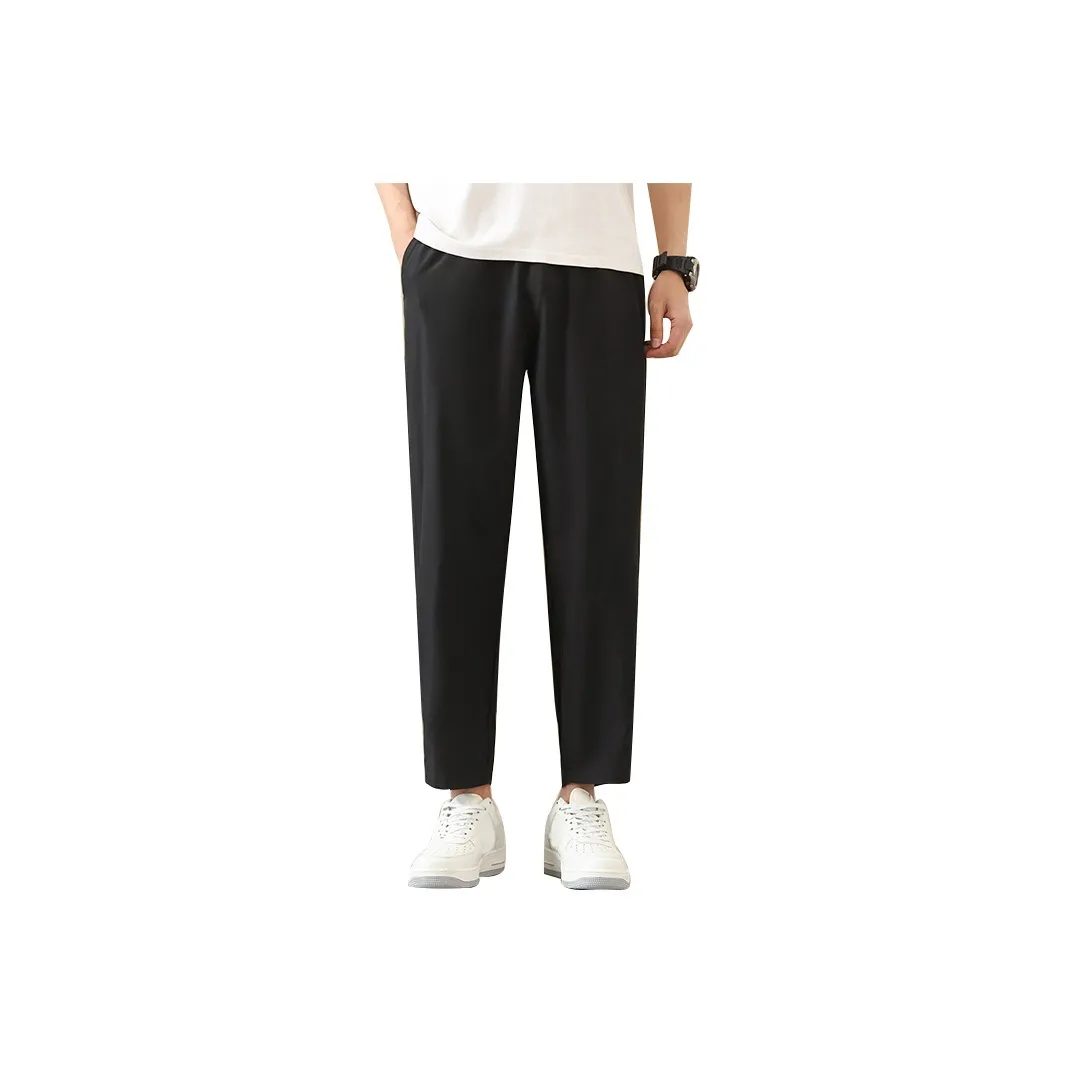 JEANSWEST Ankle Length Thin Solid Color Stretch Straight Fit Pants Ice Silk Summer Men's Black