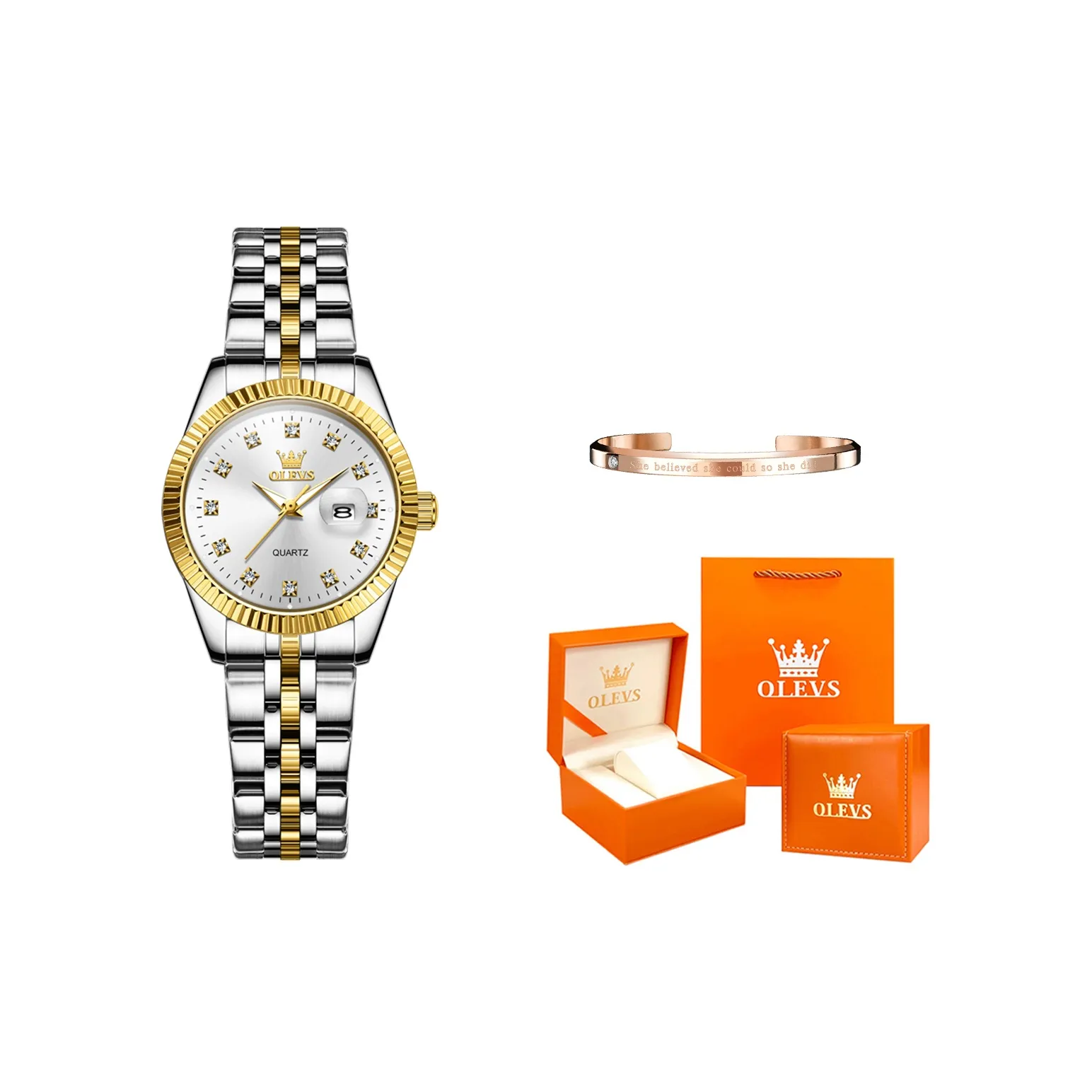 OLEVS Кварцевый механизм нержавеющая сталь ремешок часы женские белый циферблат