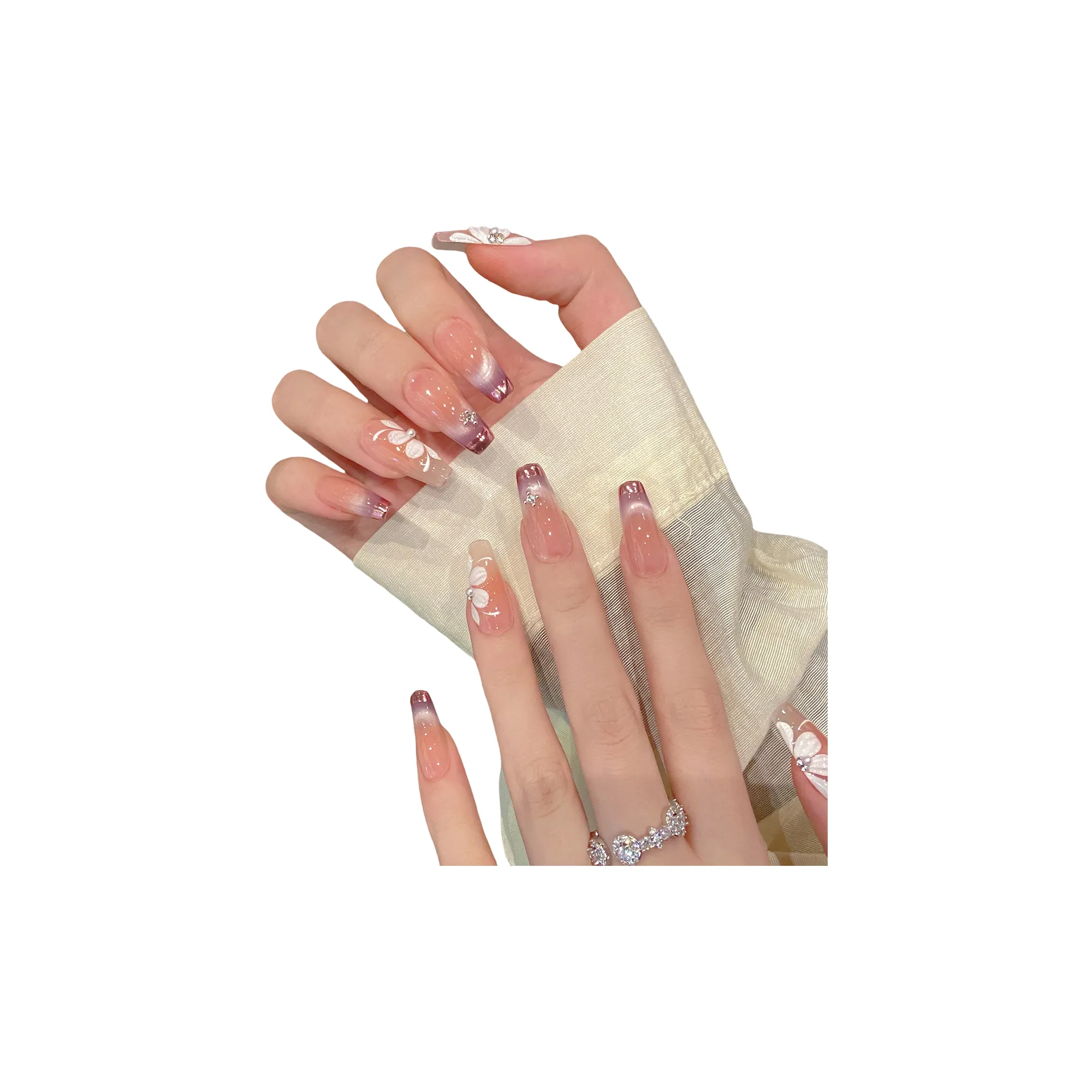 XIAMEIYU Синий лед цветочный дизайн французский улыбка False Nail трапециоидальный телесный градиентный