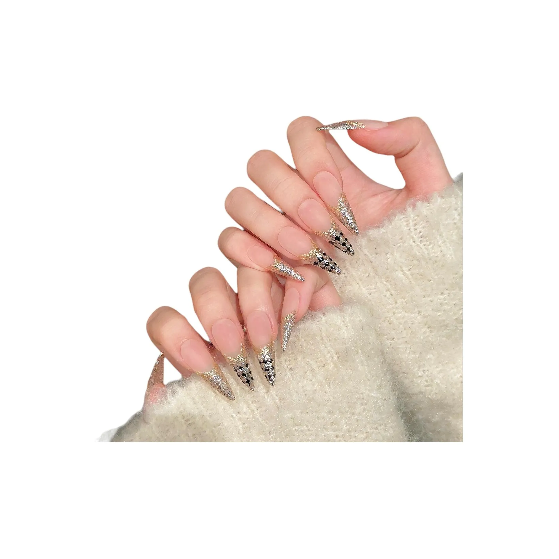 Yun Yue Joe Французский CHANEL Inspired Осветляющий Западный Горячая девушка Премиум False Nail Длинный Абрикос Градиентный Блестки