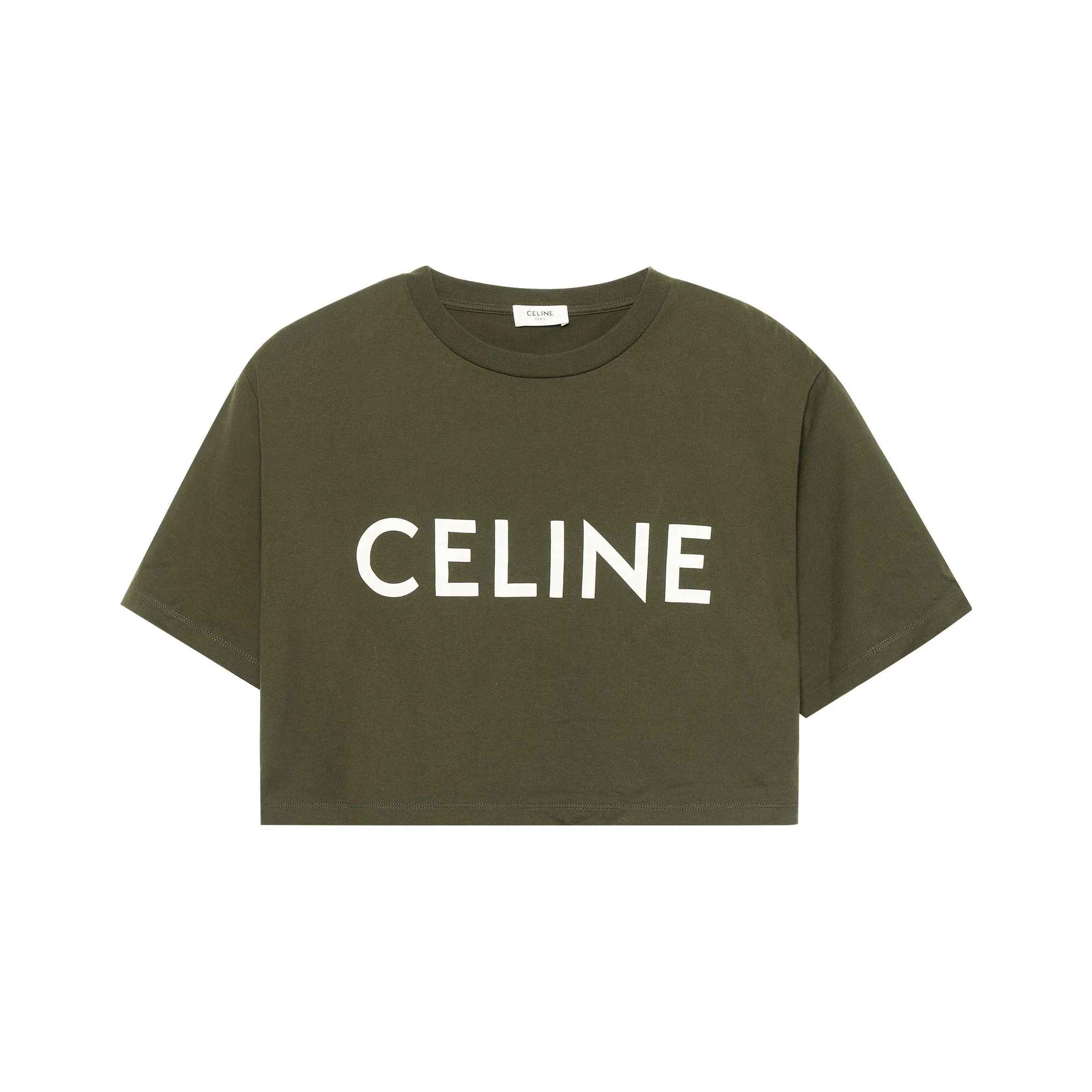 CELINE SS22 Women's Logo Jersey Cropped Crewneck T-Shirt 'Deep Khaki'