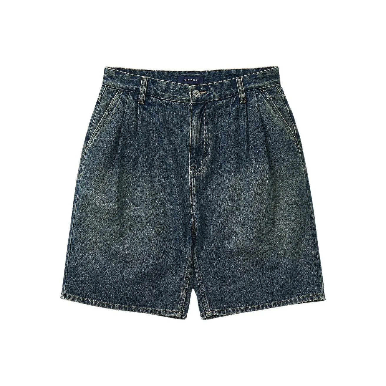 714STREET Текстурированный Бамбук Деним Плиссированные Шорты Мужские Джинсовый Синий