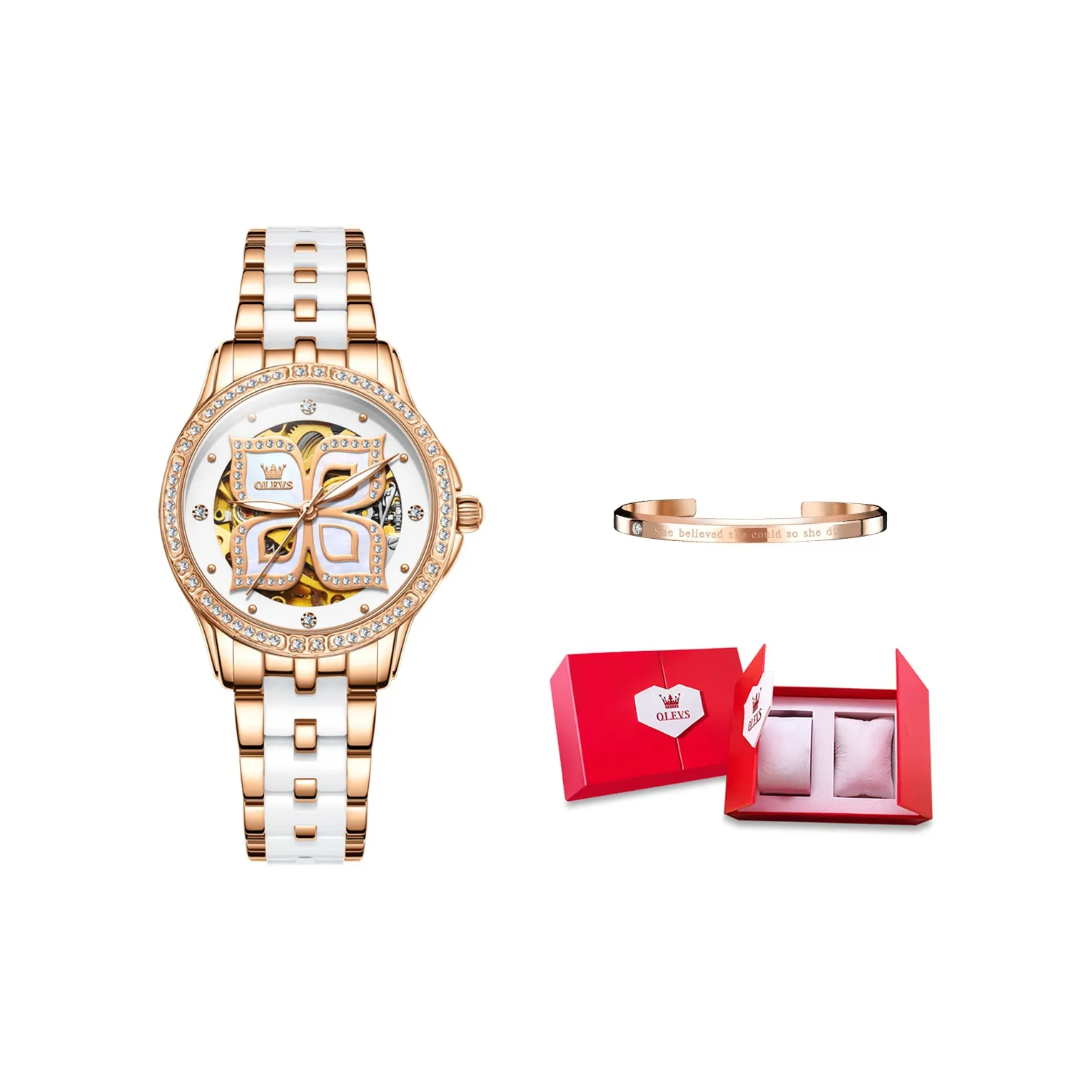 OLEVS Minimalist Series Mechanical Movement Ceramic Strap Watch Women's Watch White Dial