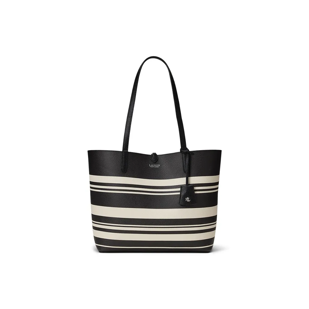 Ralph Lauren Synthetic Leather Tote Bag, Shopping Bag, Shoulder Bag Large Size Women's Black & Stripes