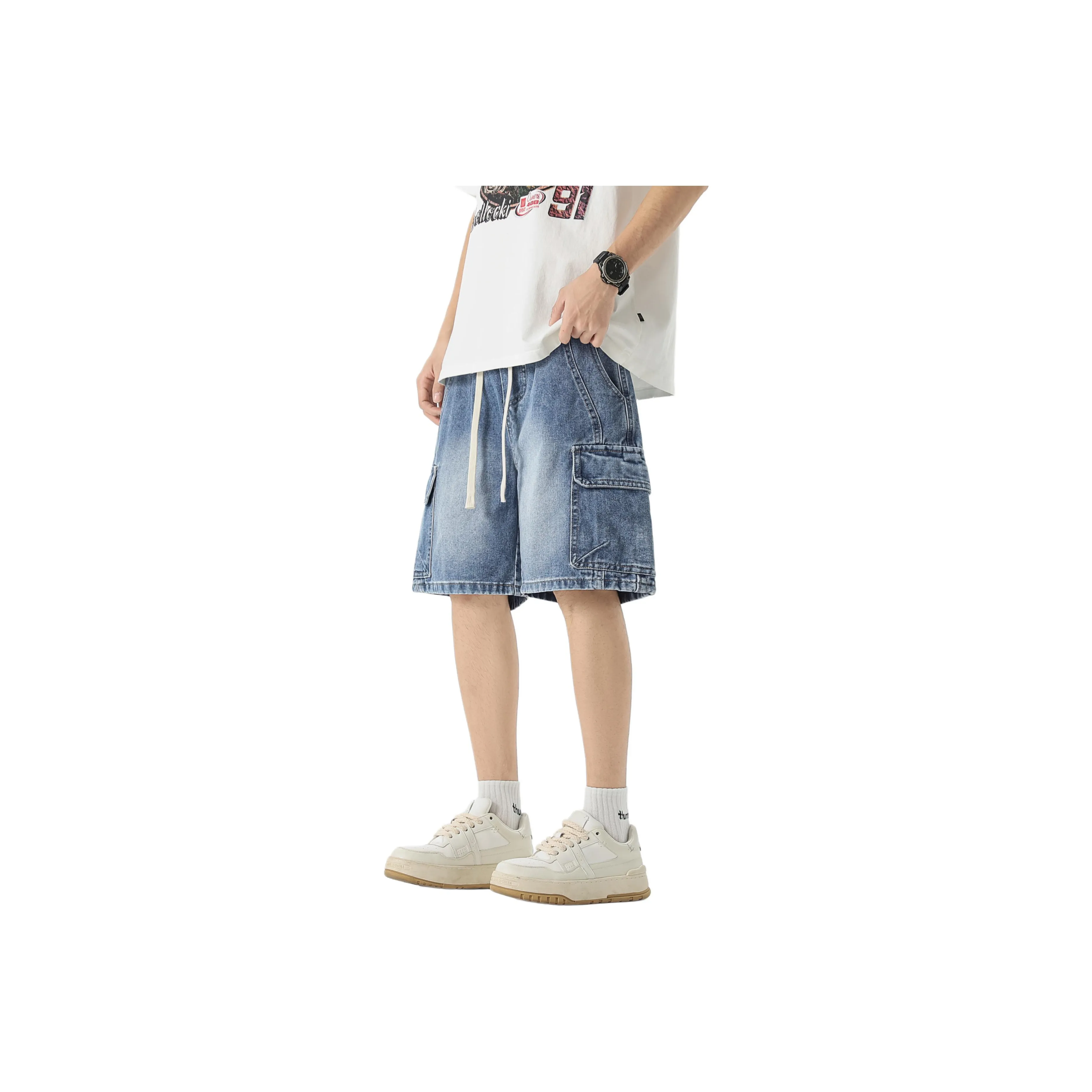 Menglaini Denim shorts floral-print Unisex