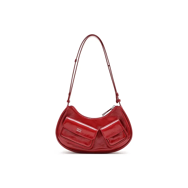 MUVA Top Grain Cow Leather Multi Pocket Shoulder Bag, Crossbody Bag Medium Size Women's Party Red/Milkshake White