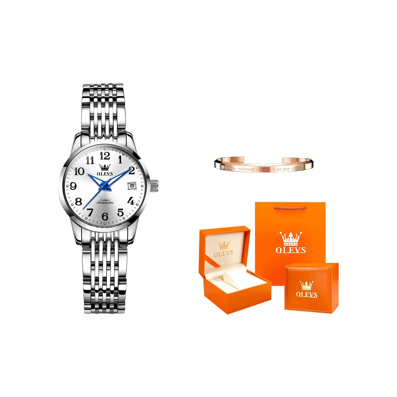 OLEVS Mechanical Movement Stainless Steel Watchband Watch Women's Watch White Dial