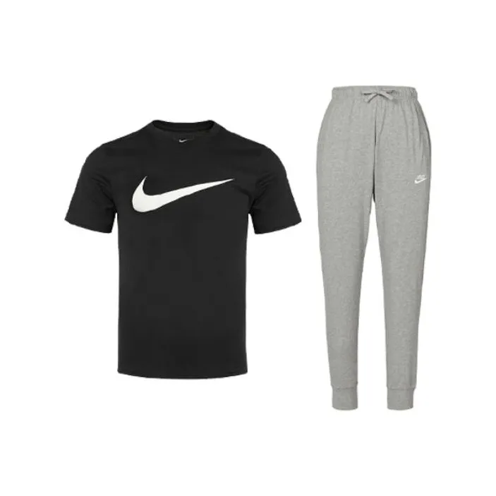 Nike Комплект Черная Короткая Рубашка с Короткими Рукавами + Светло-Серые Штаны Мужские Повседневные Спортивные Одежды