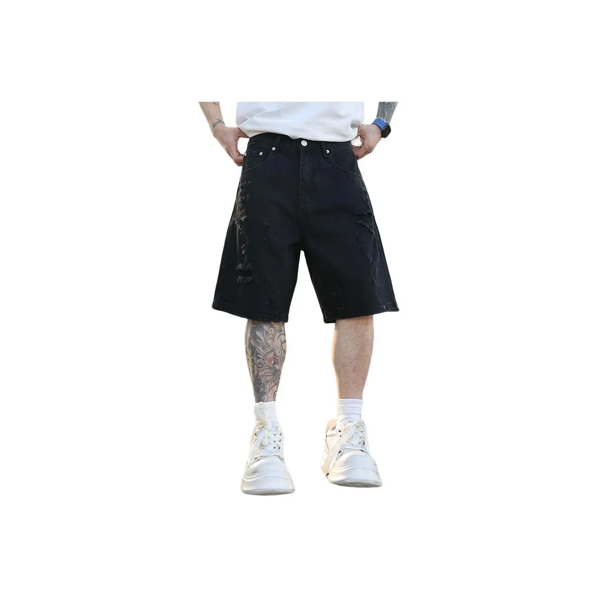 SONGS ALONG Джинсовые шорты Унисекс Черные с рваным эффектом