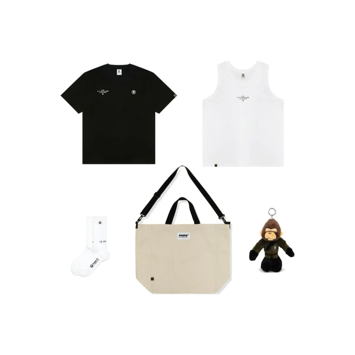 Aape Apparel Gift Boxes Men's 5 Piece Set Black T Shirt+White Tank Top+White Crew Socks+Olive Charm+Ecru Tote Bag