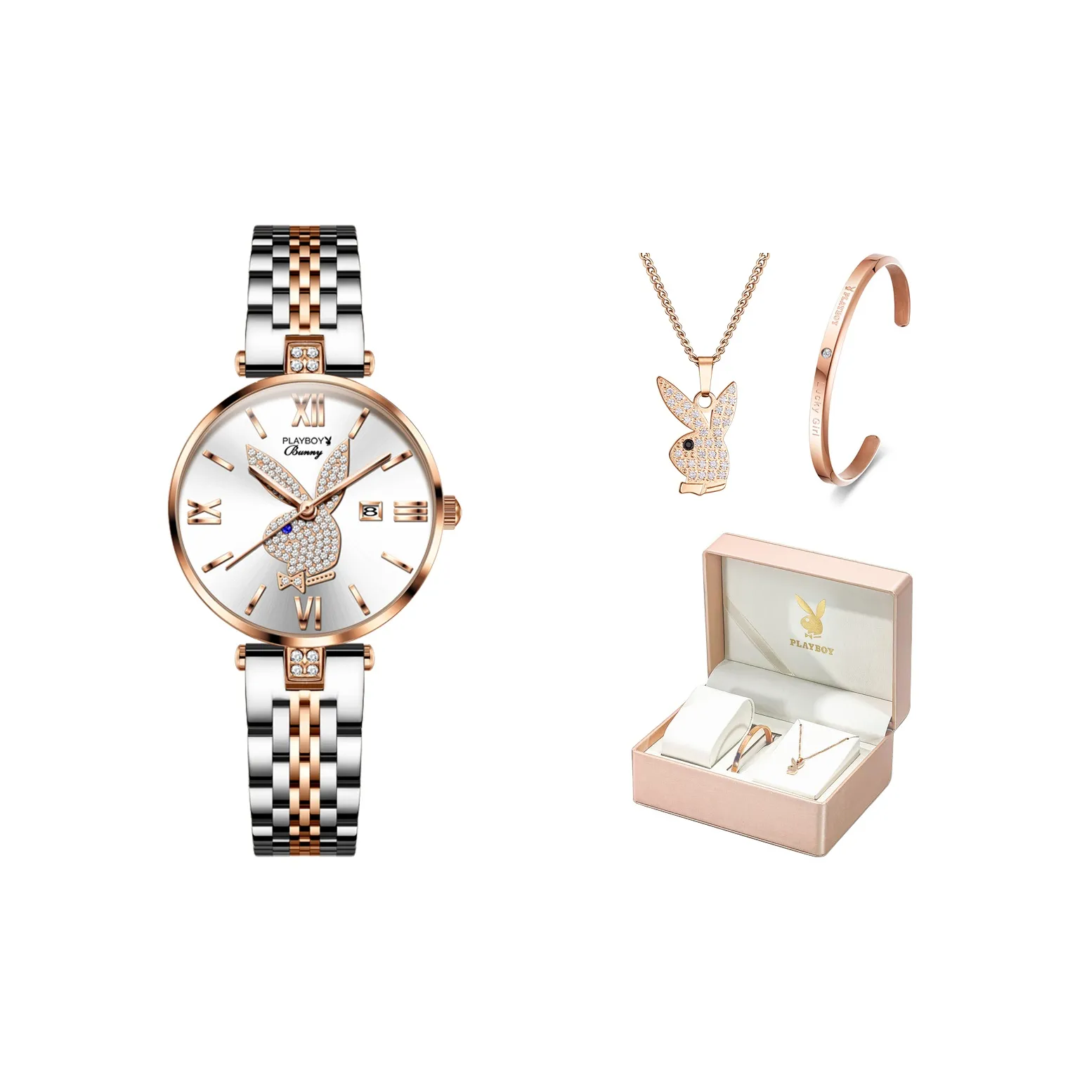 Playboy Маленький Круглый Часы Кварцевый Механизм Ремешок из Нержавеющей Стали Часы Женские Часы Белый Циферблат