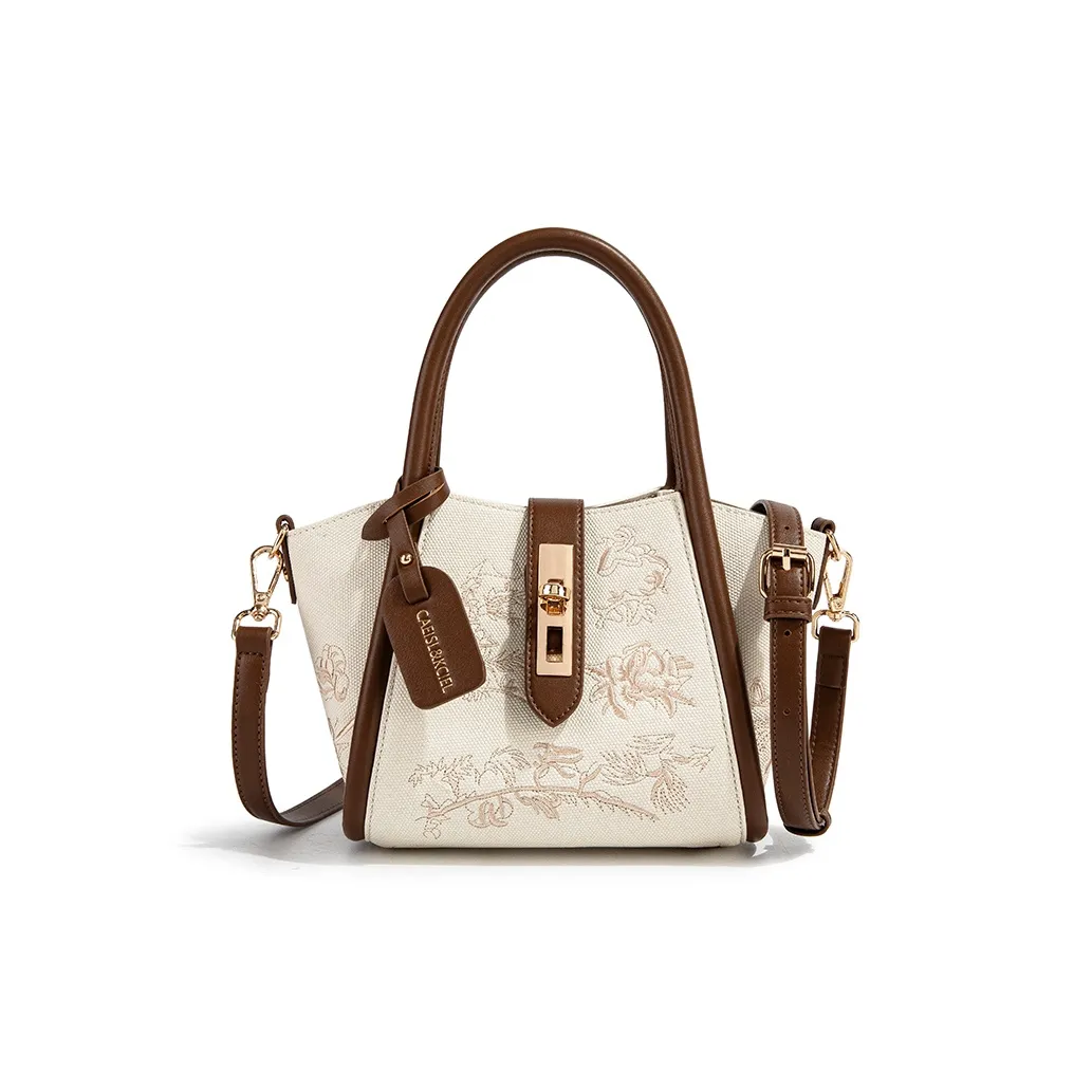 CAEISL&KCIEL Polyurethane With Synthetic Leather Basket Bag Handbag Women's Embroidered White & White & Coffee