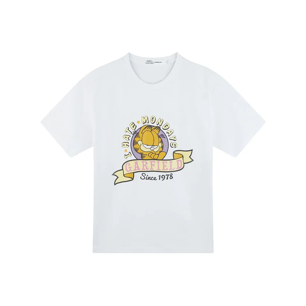 FUN X Garfield Коллаборация С принтом Буква Круглый вырез Пуловер Свободный крой Универсальный Короткий рукав Т-рубашка Женская Белая