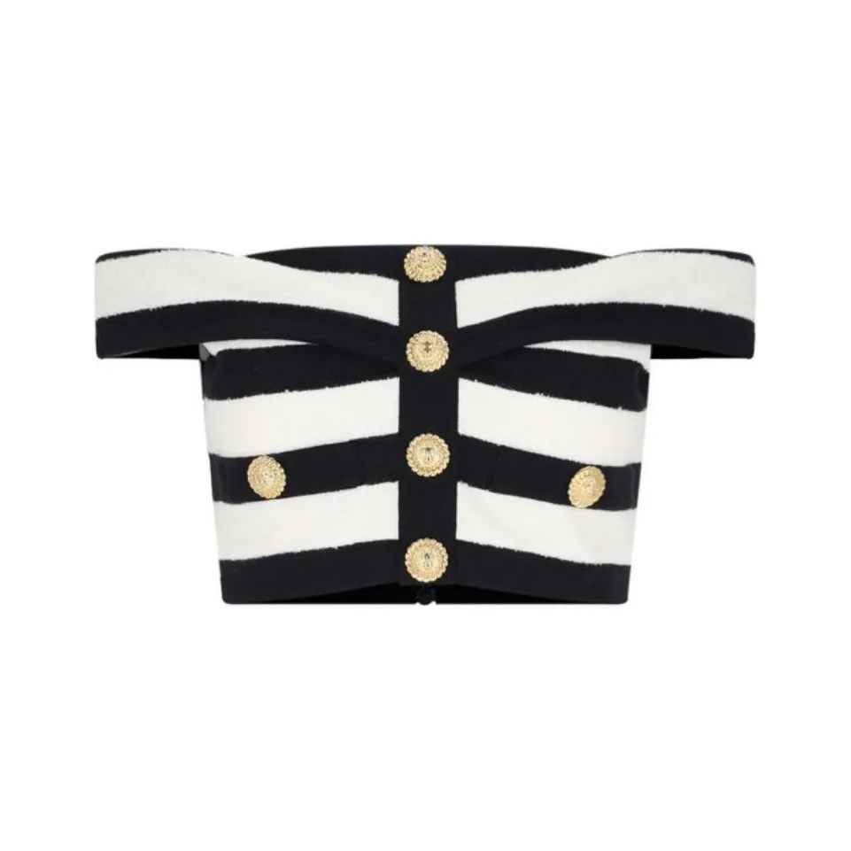 BALMAIN Off The Shoulder Two Toned Ribbed Top