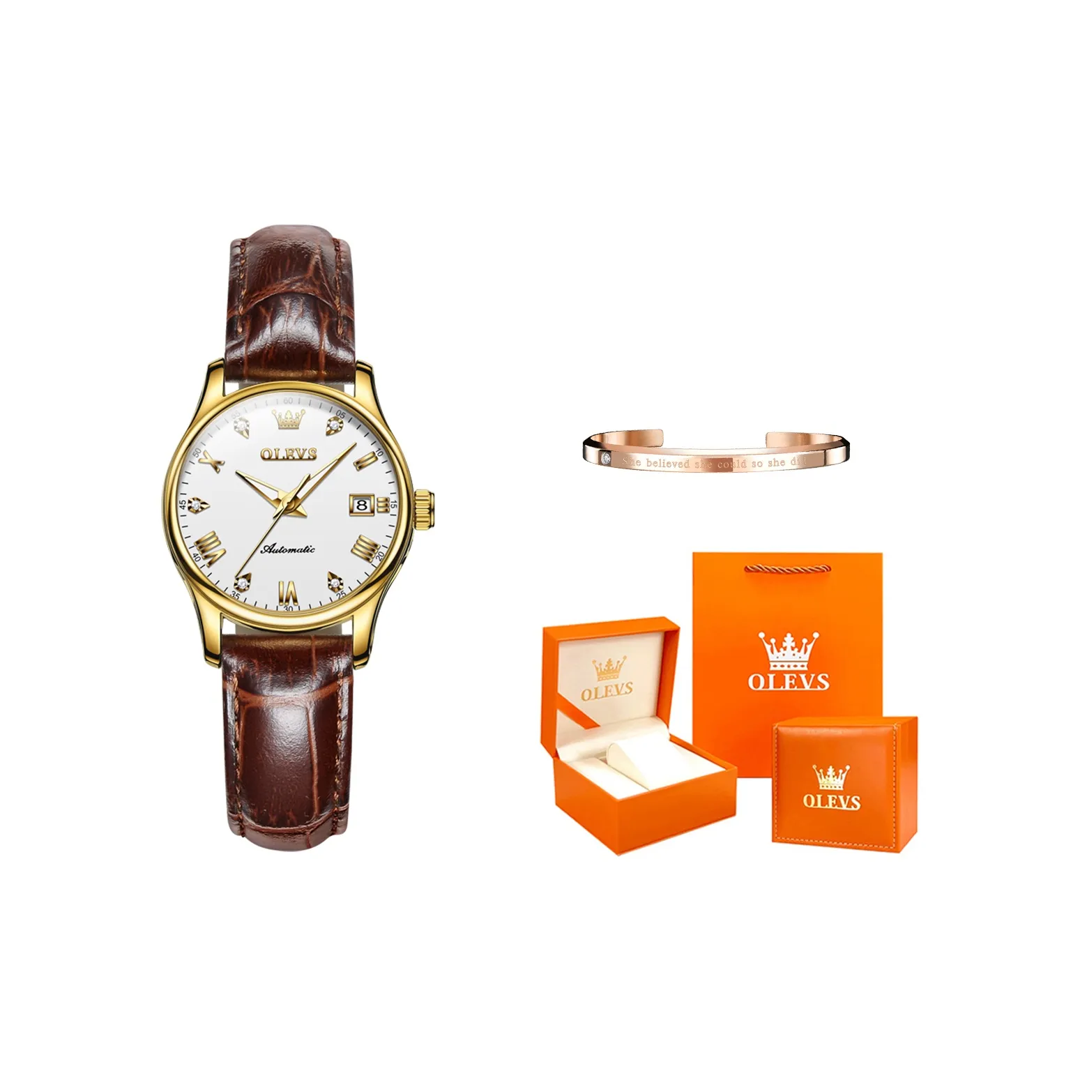 OLEVS Automatic Mechanical Movement Leather Strap Watch Women's Watch White Dial