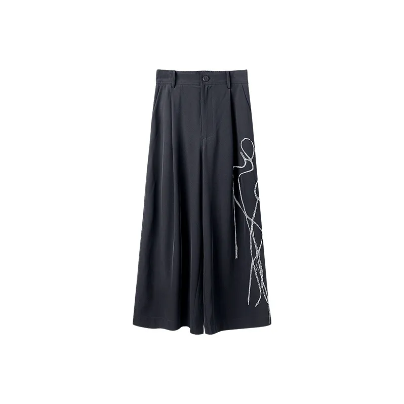 HUANXIANGZHE Triacetate Embroidery Wide Leg Cropped Pants Unisex Black