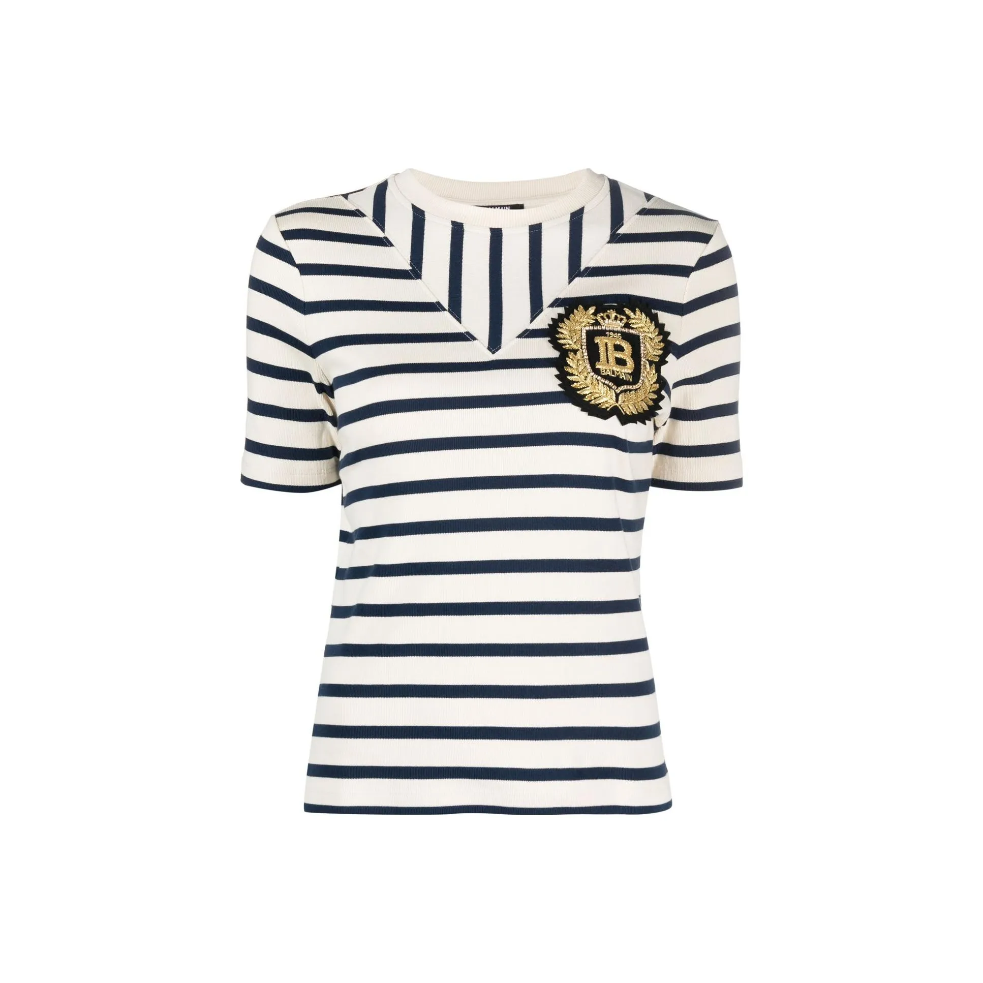 BALMAIN Logo patch Ribbed knit Striped T shirt