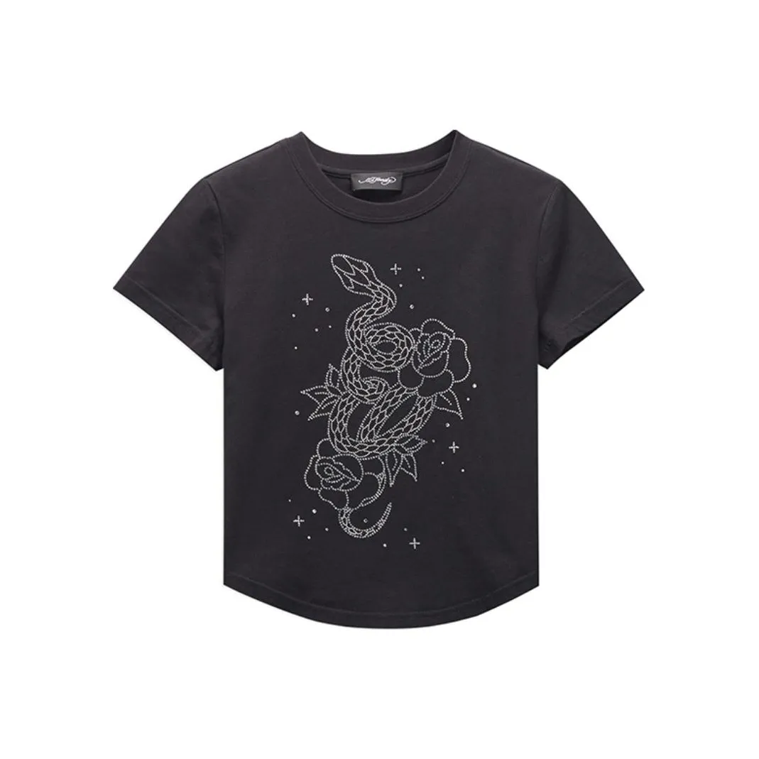 Ed Hardy Vintage Laser Diamond Slim Fit Casual Crew Neck Short Sleeved T Shirt Women's Black