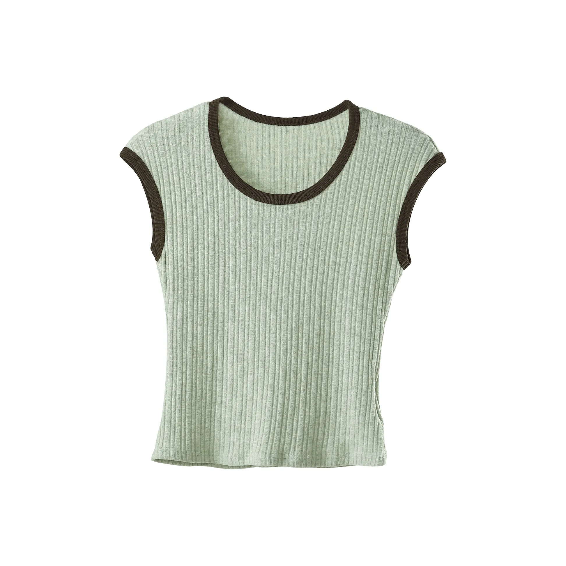 Fstudio Корейский стиль Petite Color Block Intellectual Без рукавов Трикотажная ткань Рубашка Женская Светло-зеленый