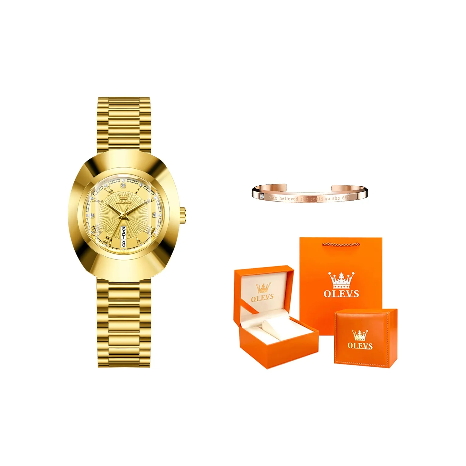 OLEVS Кварцевый механизм нержавеющая сталь ремешок часы женский циферблат золото