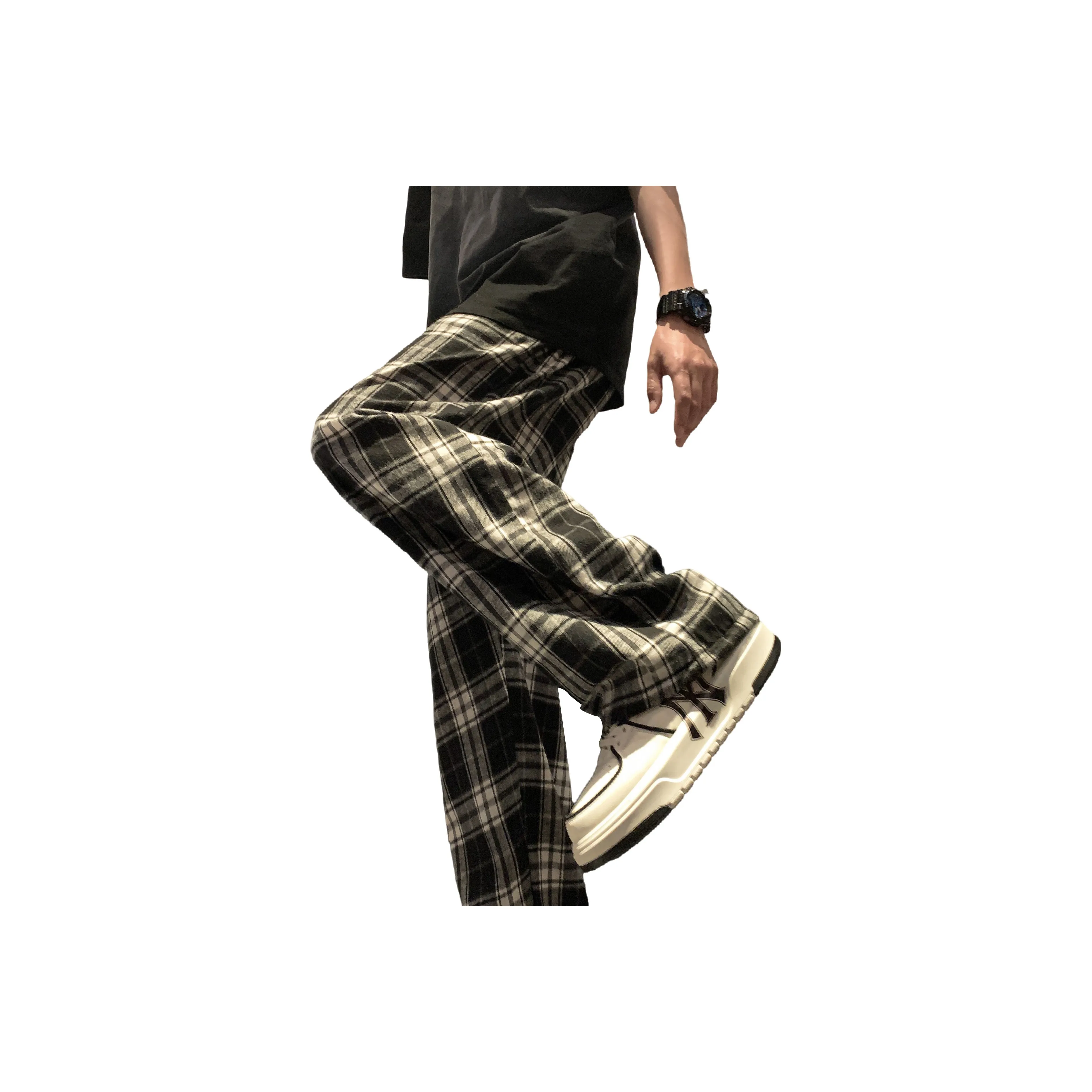 ZONEiD Casual Pants Unisex Black White Plaid