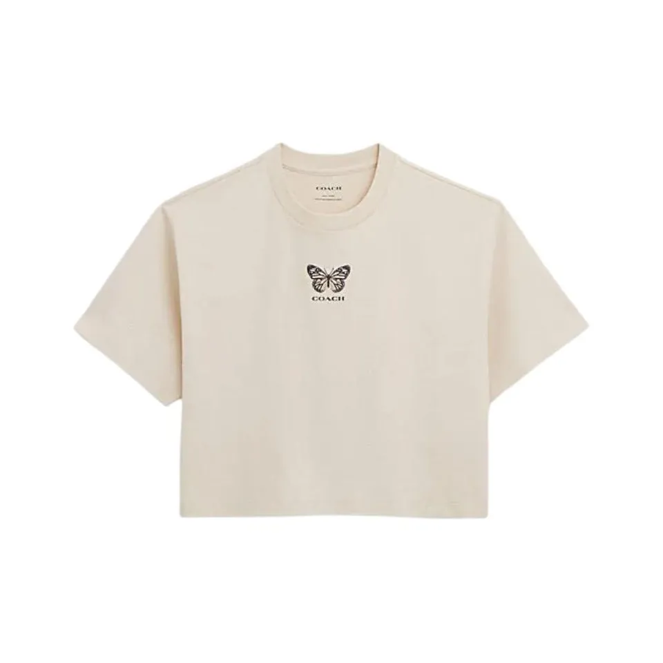 COACH Бабочка Принт Укороченный Круглый вырез Короткий рукав Т-рубашка Женская Steam Цвет