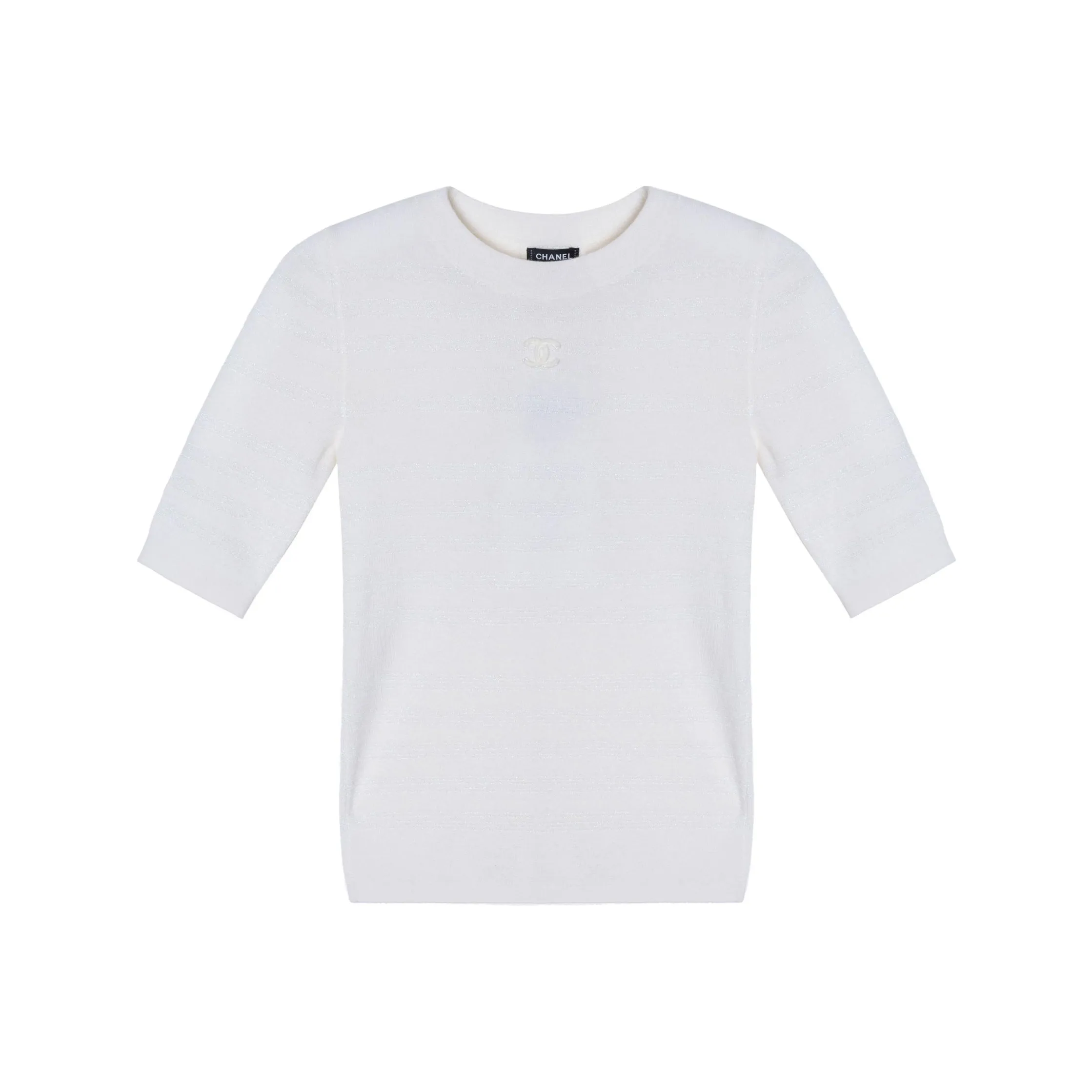 CHANEL Solid Color Crew Neck Straight Fit Short Sleeved Shirt T Shirt Women's White
