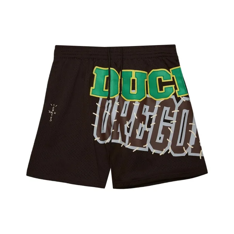 Travis Scott X Mitchell Ness Коллаборация SS24 Университетский OF Oregon Логотип Спортивные шорты Унисекс Коричневый