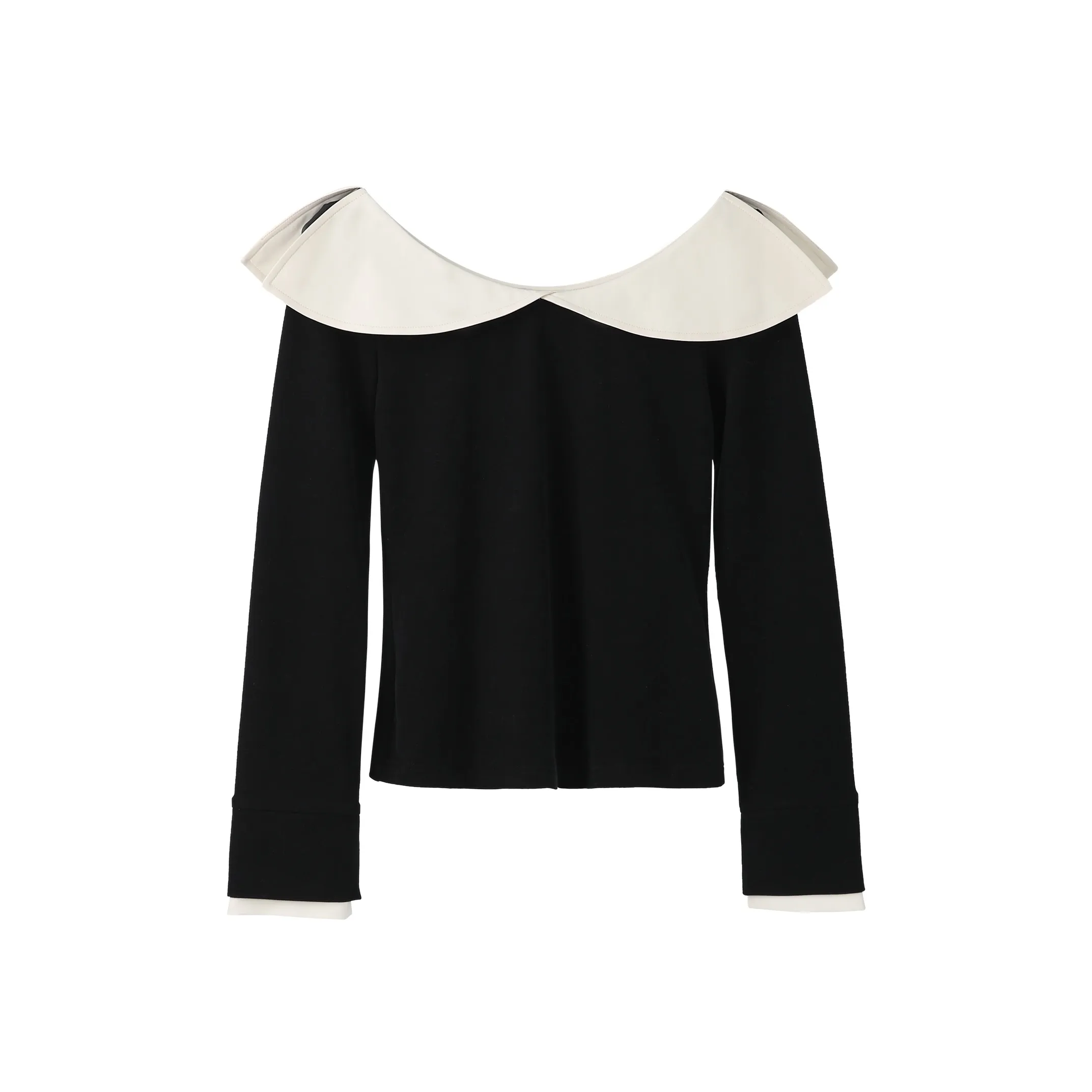 Fstudio Корейский стиль Многоцветный С рюшами на подоле Отложной воротник КРОП ТОП Женский Черный