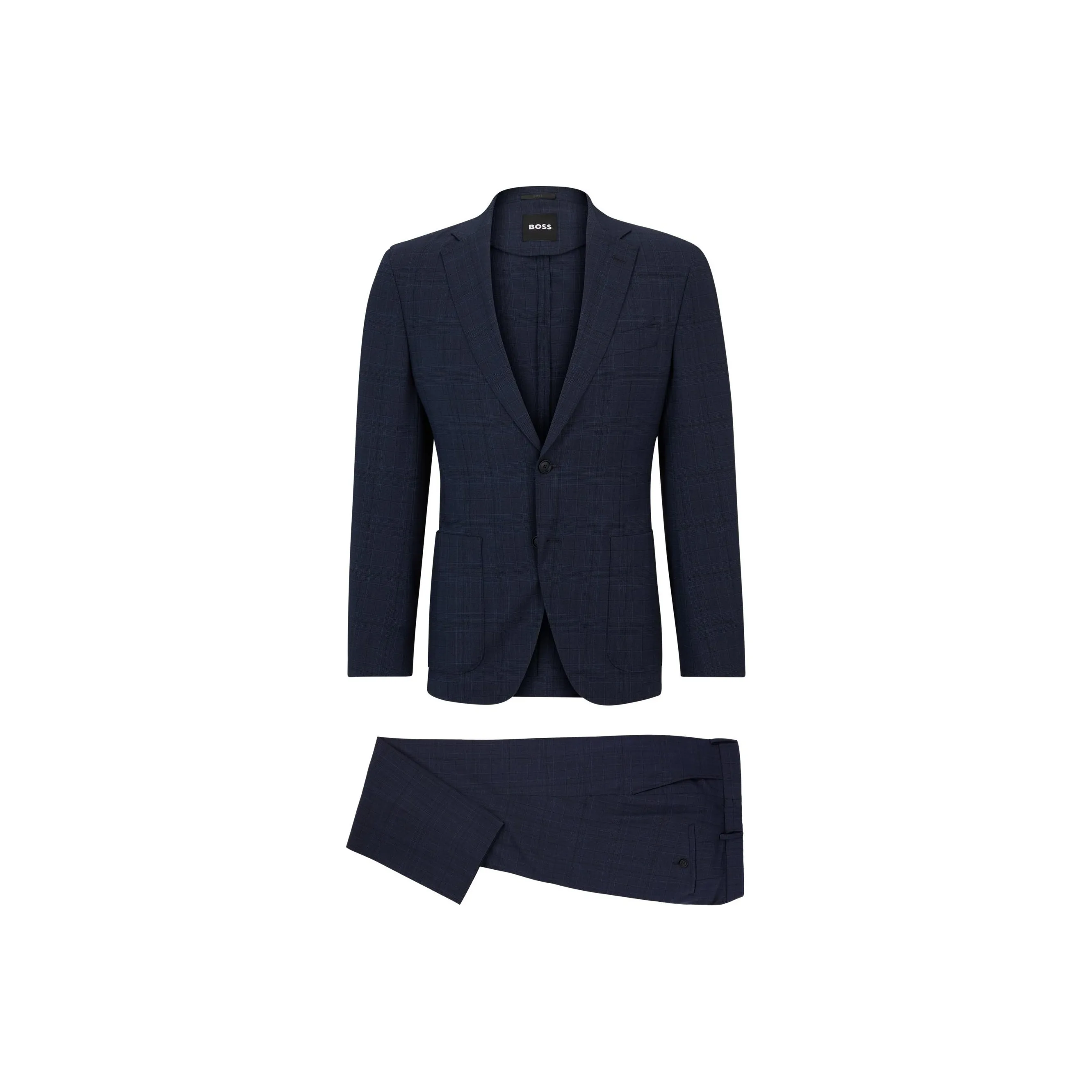 HUGO BOSS FW23 Slim Fit Suit In Checked Virgin Wool Business Suits Men's Dark Blue