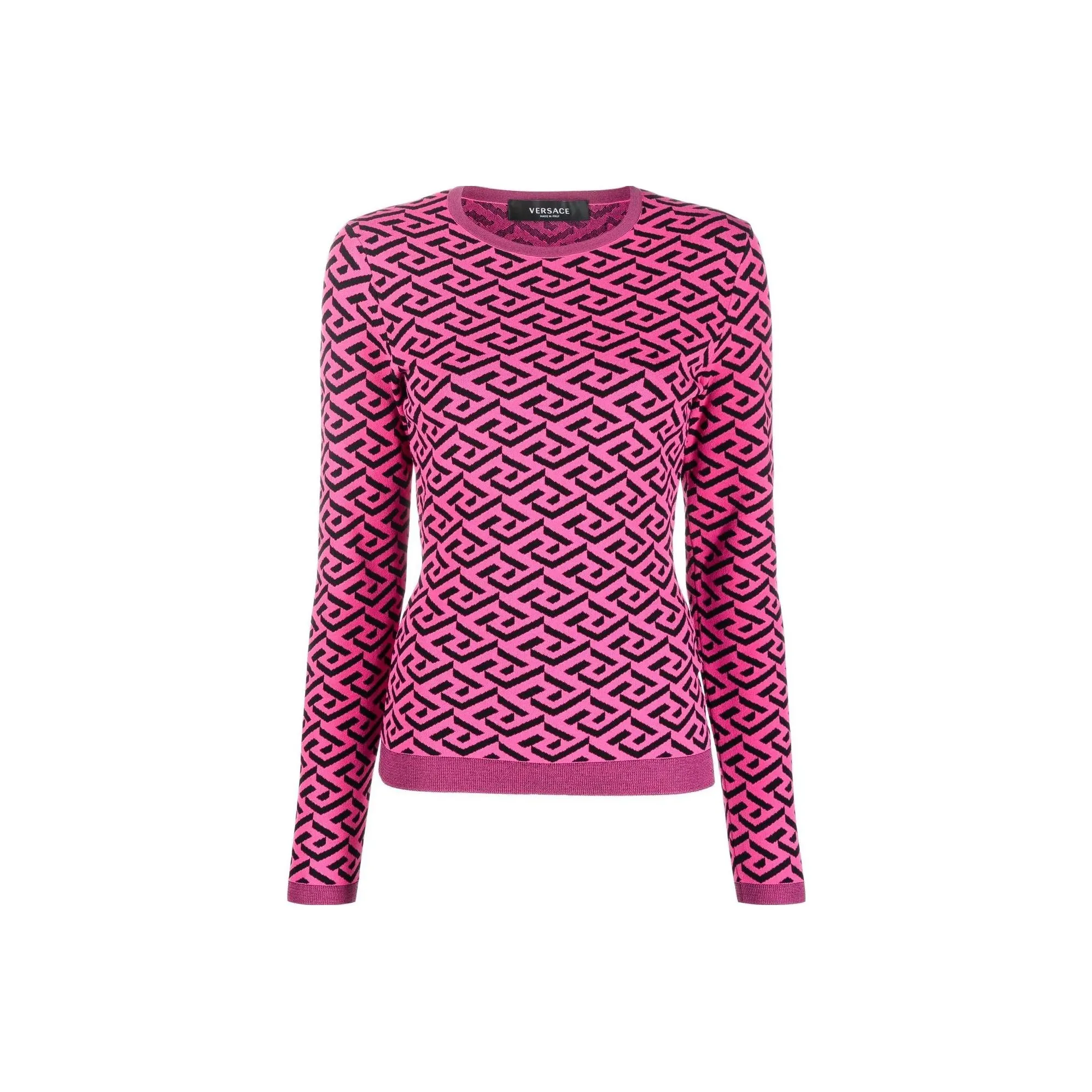 VERSACE All Over Print Geometric Pattern Jacquard Crew Neck Slim Fit Casual Long Sleeved T Shirt Women's Red