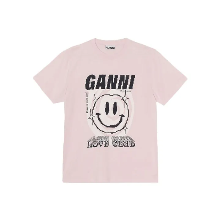GANNI Basic Jersey Smiley Print O Neck Relaxed T Shirt 'Light Lilac'