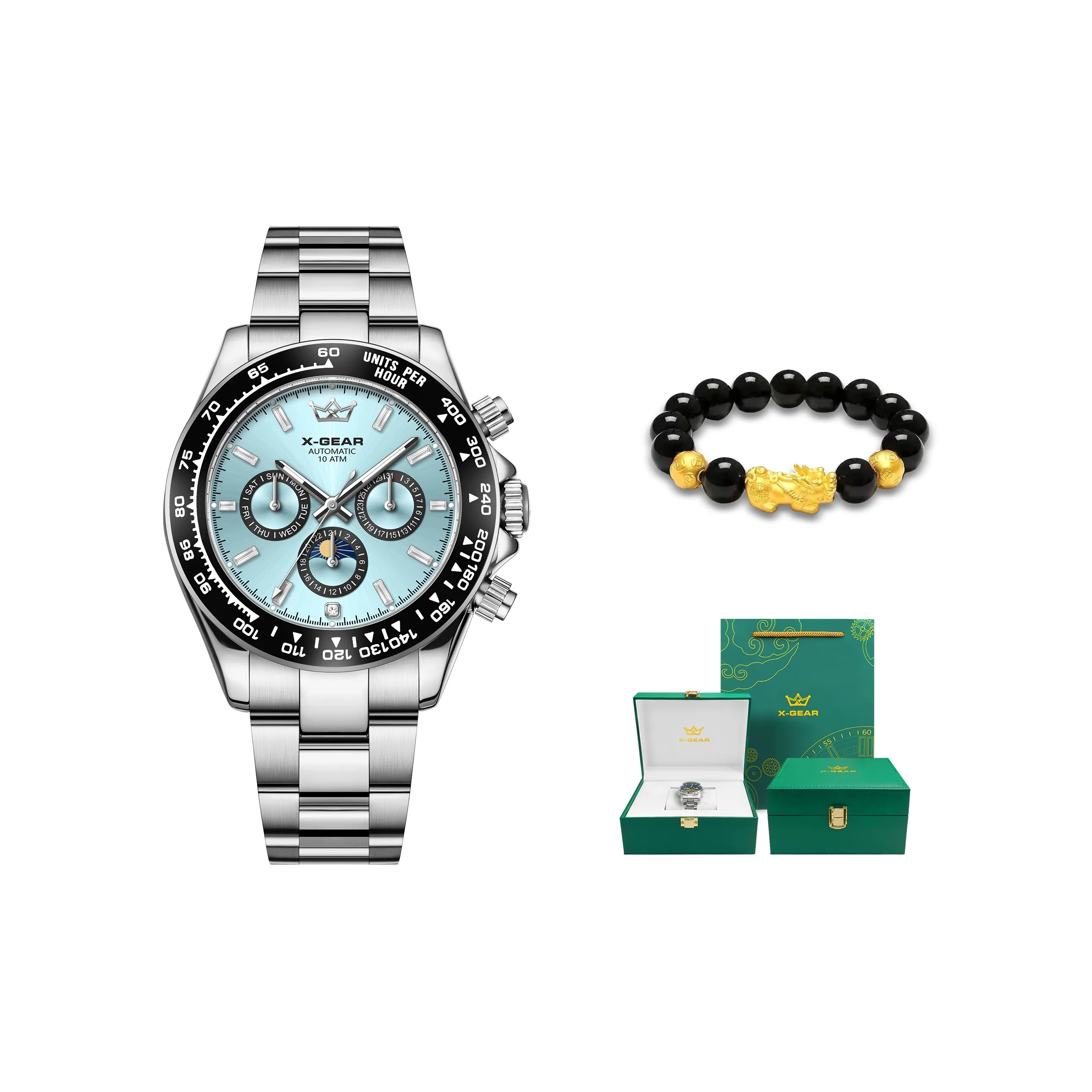 X Шестерня Автоматический Механический Механизм Нержавеющая Сталь Ремешок Часы Мужские Часы Синий Циферблат