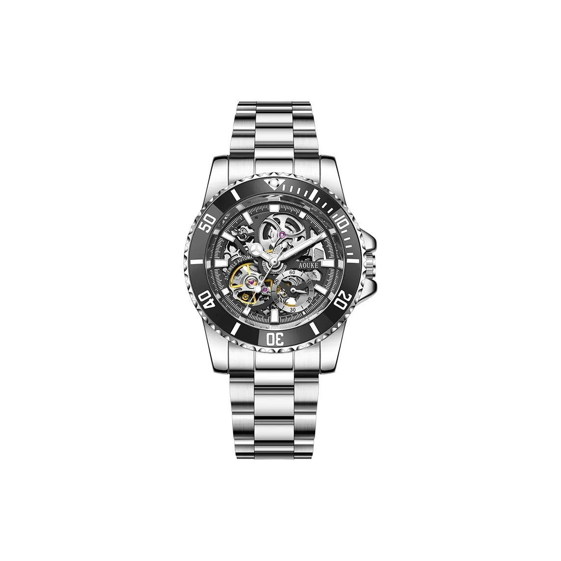 AOUKE Diver Collection Механический механизм ремешок из нержавеющей стали часы для мужчин циферблат с открытым механизмом