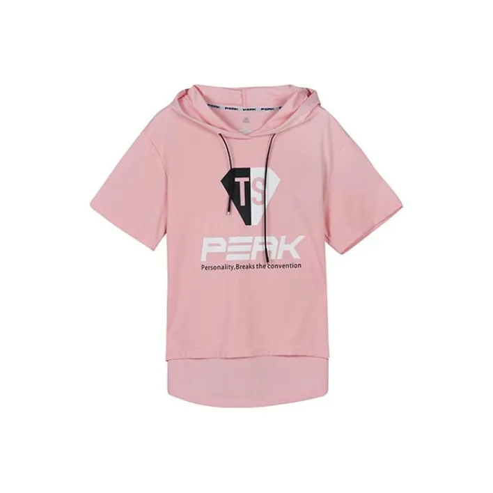 PEAK С капюшоном Облегающий Прямой крой Короткий рукав Т-рубашка Женская Розово-персиковый Красный