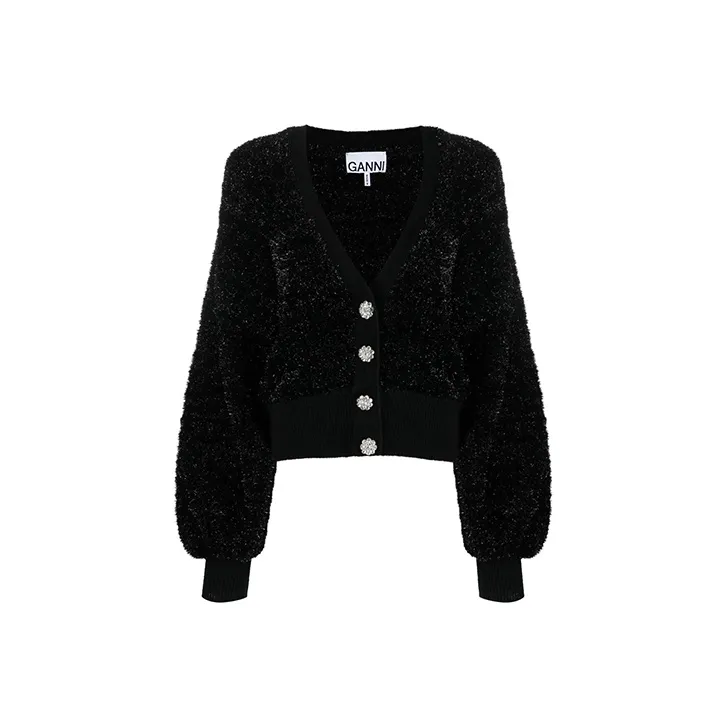 GANNI Sparkle Knit Puff Sleeve Cardigan 'Black'