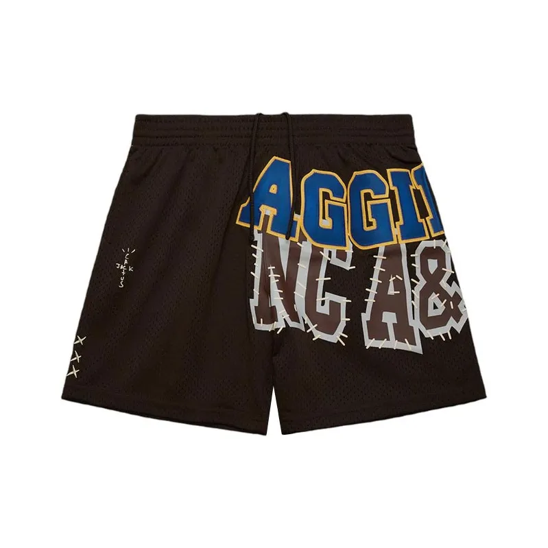 Travis Scott X Mitchell Ness Коллаборация SS24 NC A T Университетский Логотип Спортивные Шорты Унисекс Коричневый