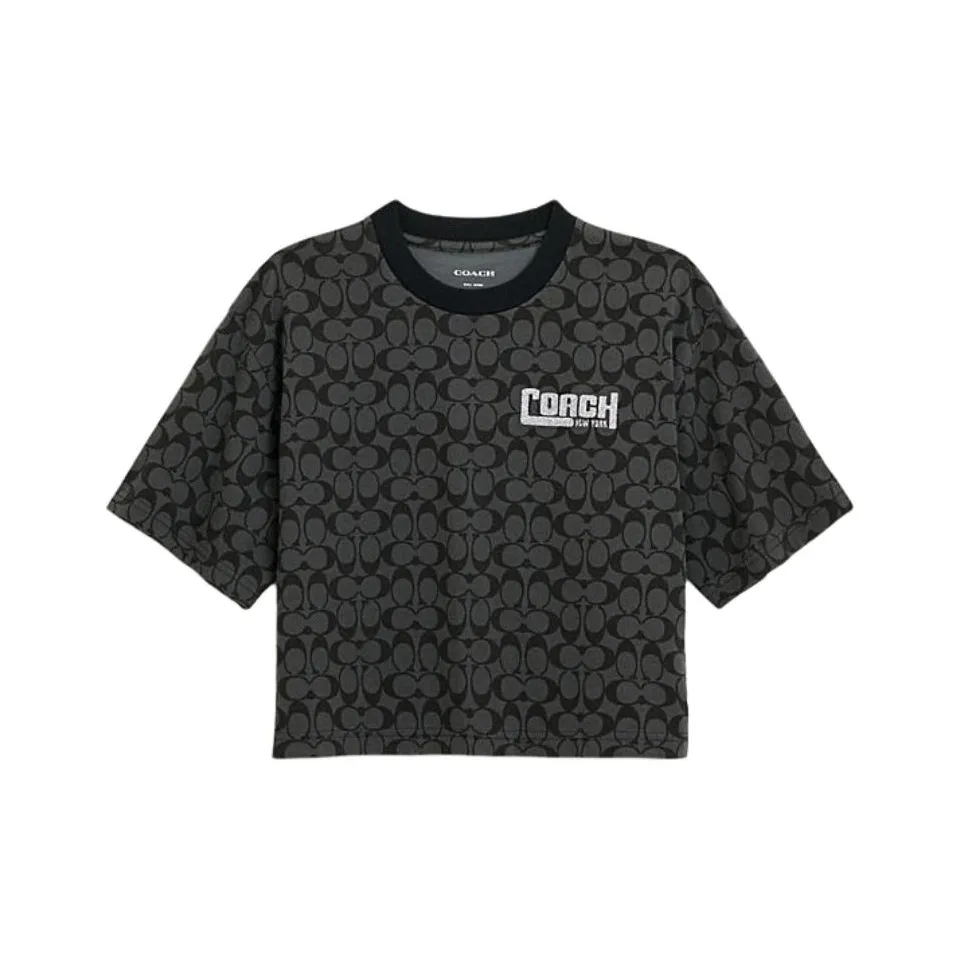 COACH Letter Logo Полный принт Повседневный Круглый вырез Укороченный Короткий рукав Т-рубашка Женская Смешанный черный